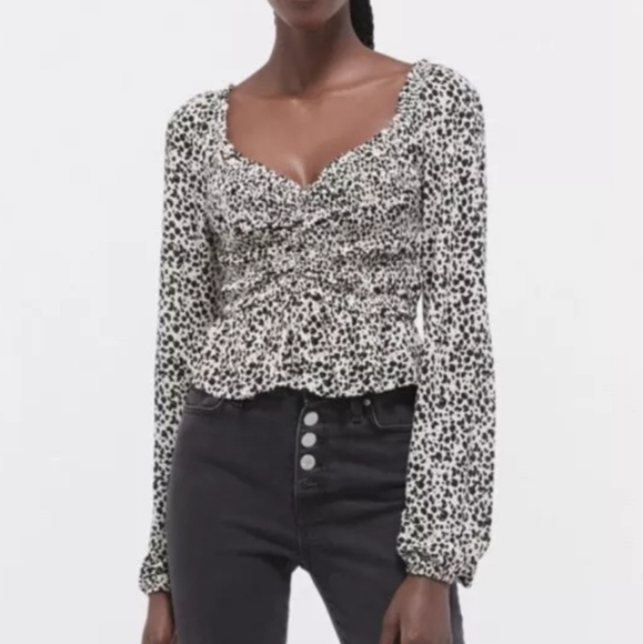 Urban Outfitters Shaina Leopard Print Ruched Long Sleeve Cinched Blouse Size M - Picture 1 of 9